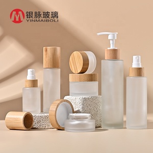 Cosmetics Bamboo Packaging Sets Empty Frosted Glass Cream Jar And Pump Spray Skin Care Set Face Cream Lotion Bottle